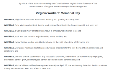 Governor Youngkin Recognizes Virginia Workers’ Memorial Day
